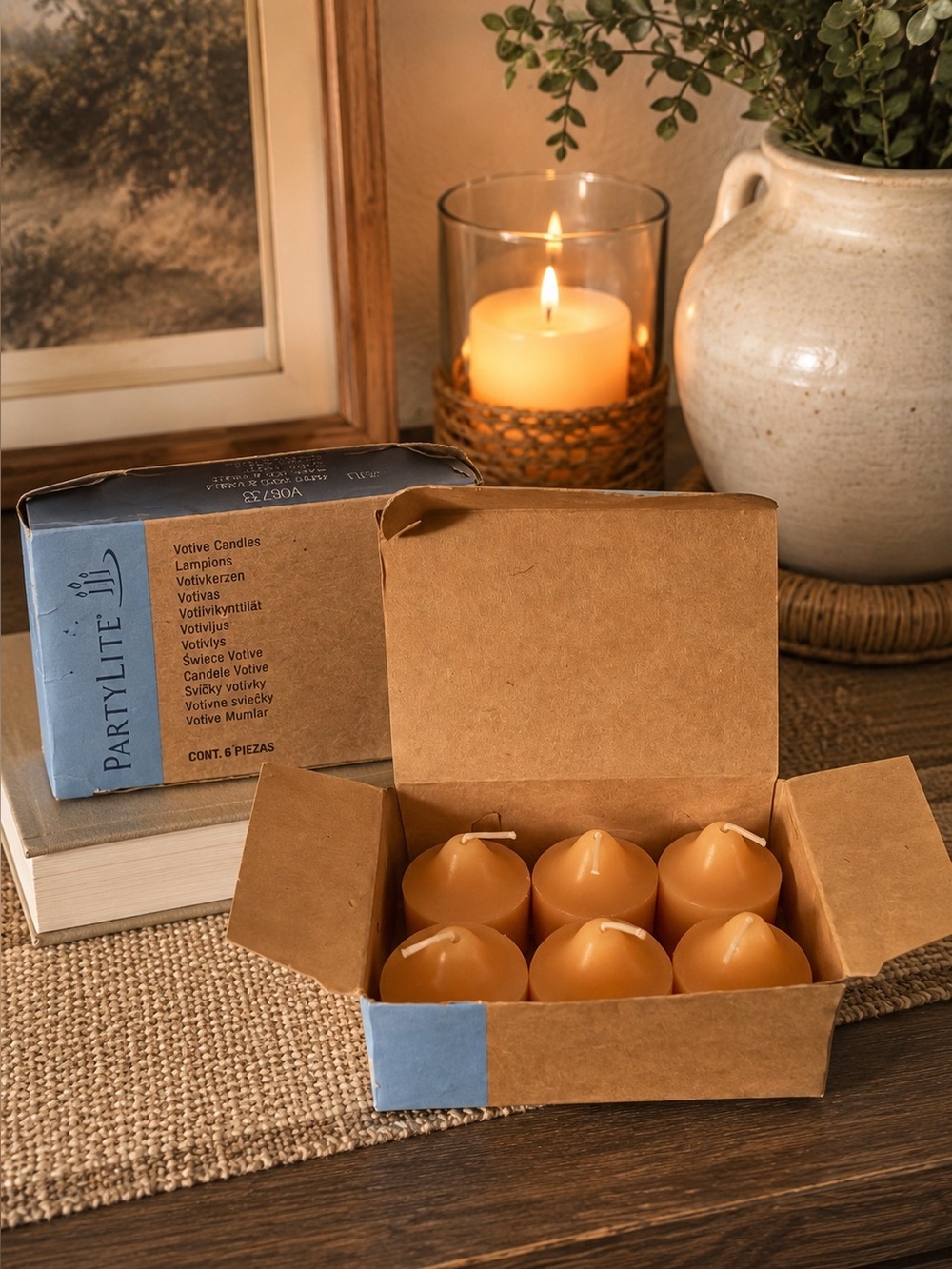PartyLite Amber Wood Vanilla Votive Candle Set 6 Cozy Scented